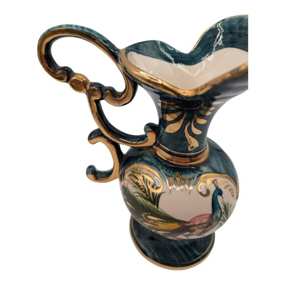 Vintage H. Bequet Quaregnon Belgium Peacock Ceramic Pitcher with Gold Trim - Picture 8 of 11